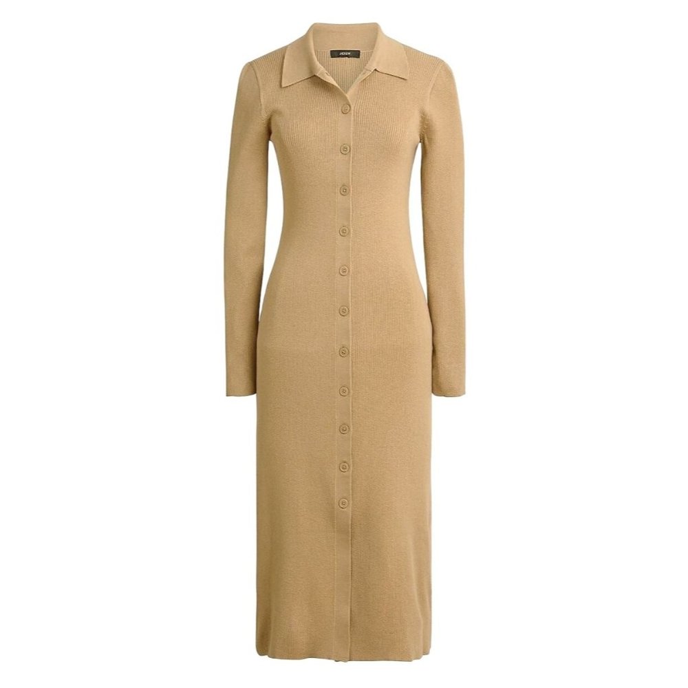 J. Crew Tan Collared Knit Ribbed Button Front Transitional Sweater Midi Dress M